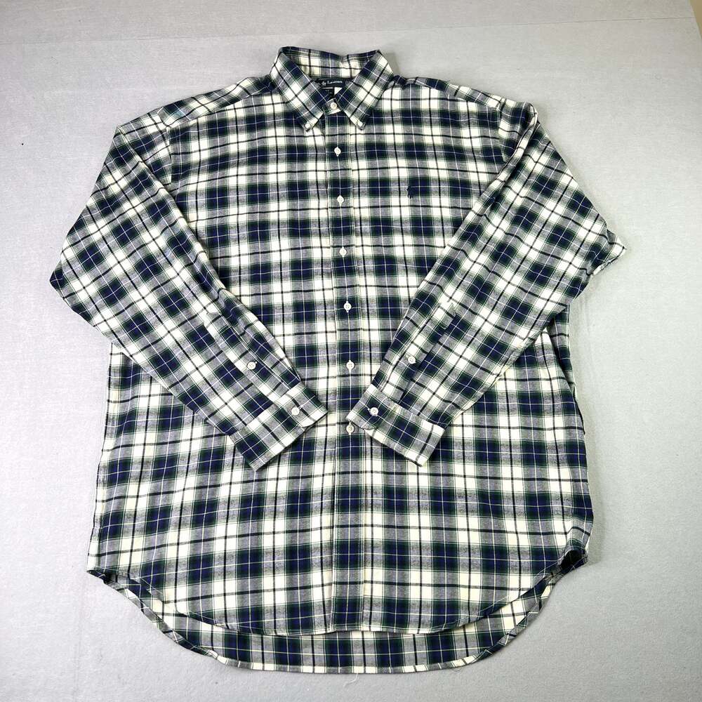 Ralph Lauren Blair Mens L Green Navy Plaid Cotton Button Down Shirt